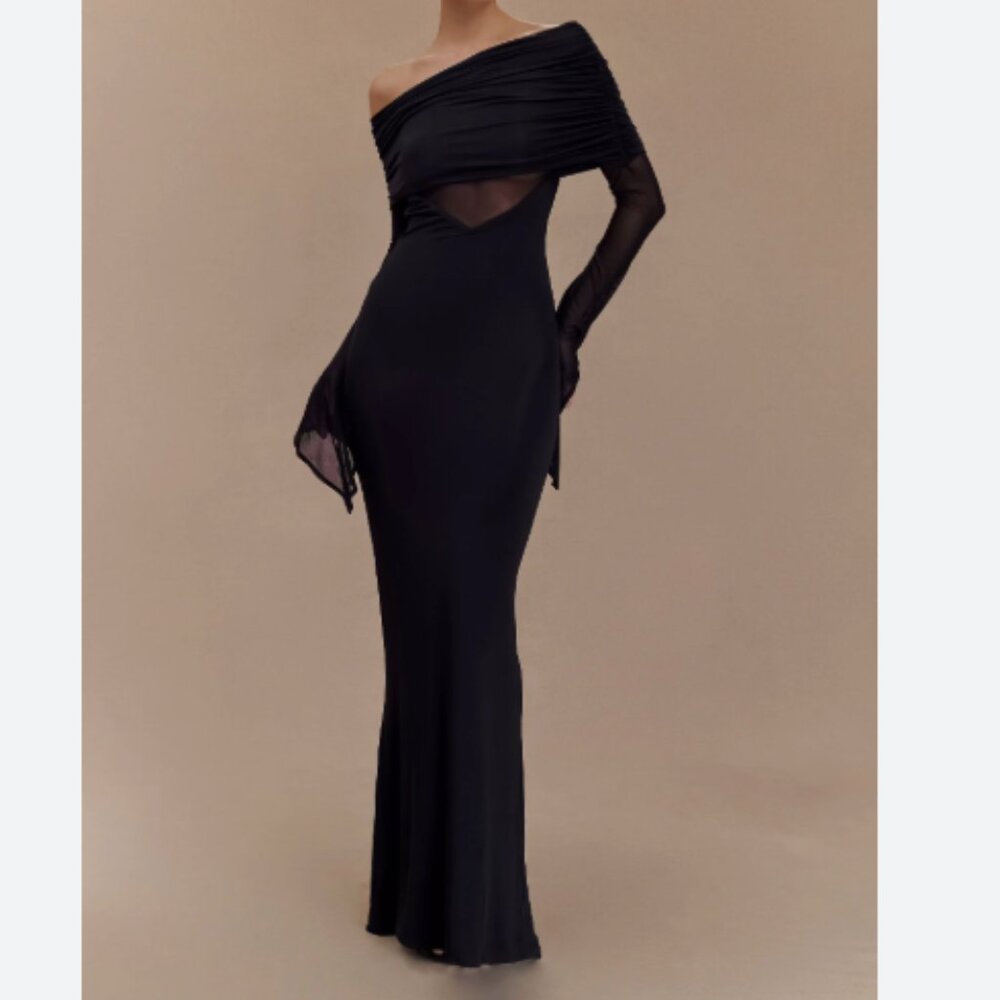Meshki “Kaitlin” Black Sheer Sleeve Maxi Dress